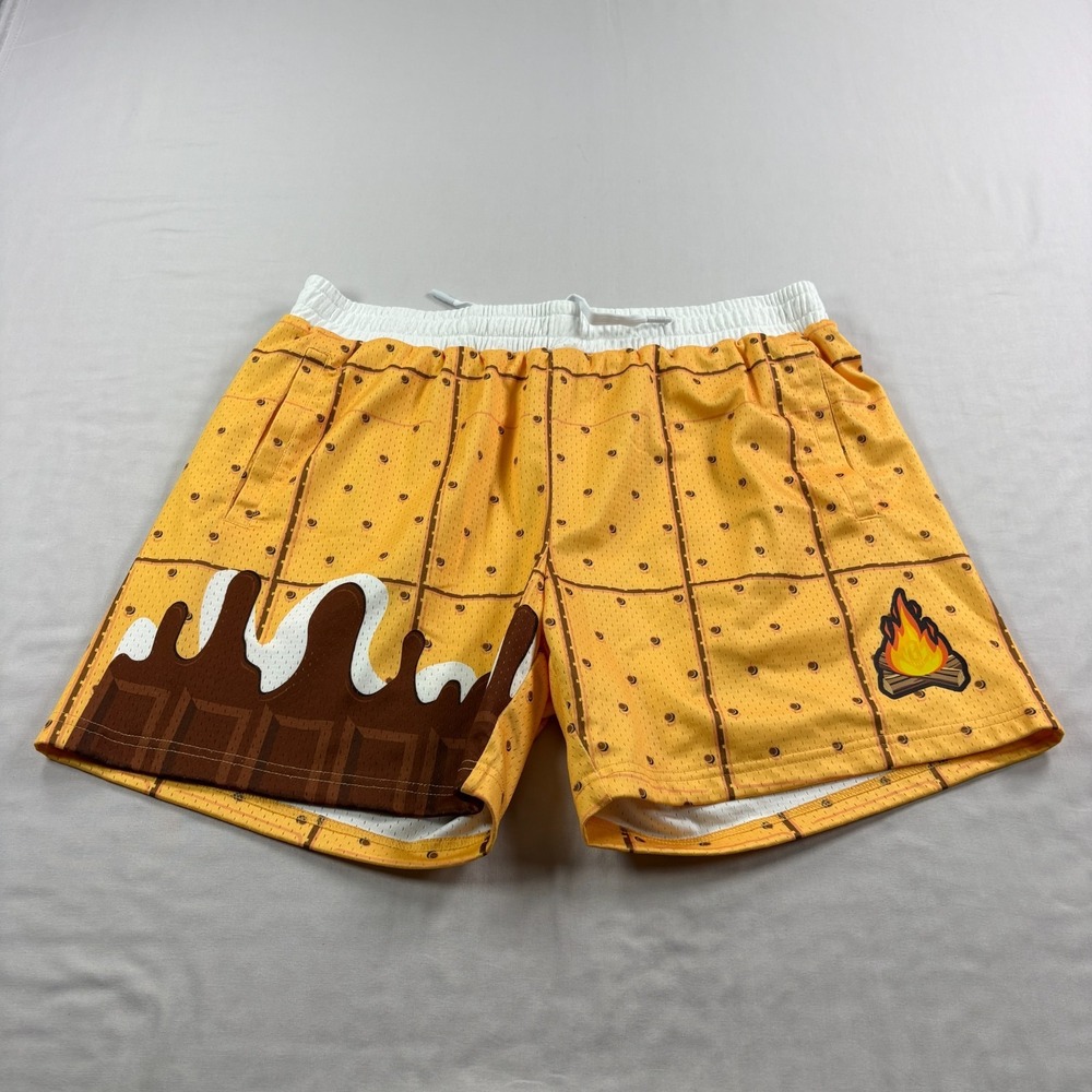 Baseball Lifestyle 101 Shorts Mens L Yellow Smores Graphic Mesh Athletic Gym